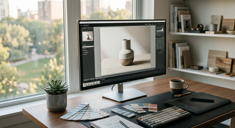 Designer's workspace with monitor showing clean product image—symbolizing efficient workflow and creative freedom through AI tools.