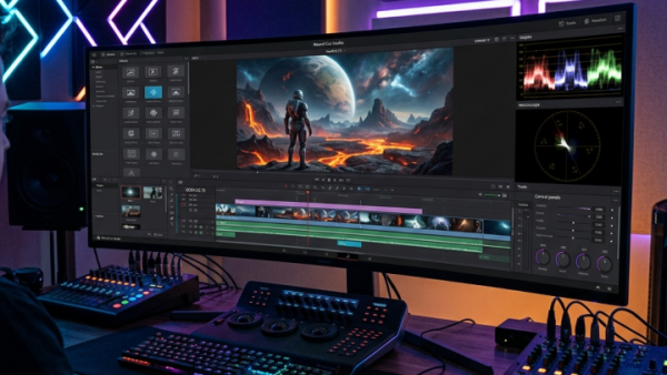 AI video generator production interface showing cinematic editing and rendering tools